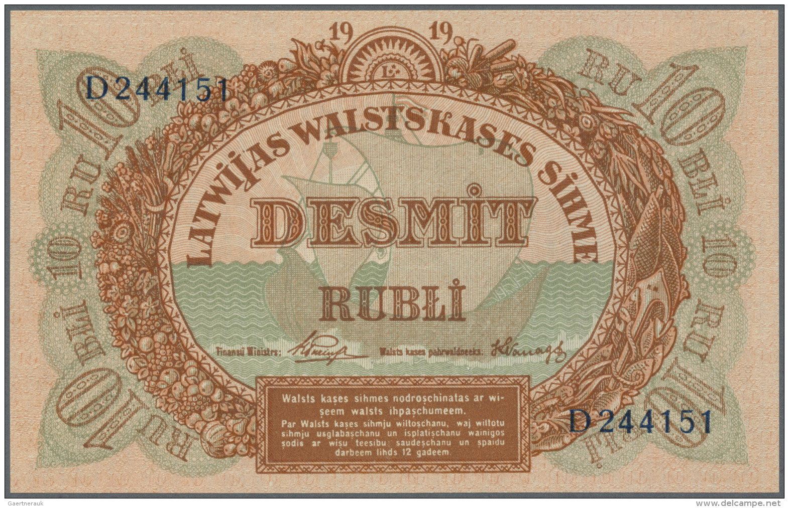 Latvia /Lettland: 10 Rubli 1919 P. 4e, Series "D", Sign. Purins, In Crisp Original Condition: UNC. - Lettonie