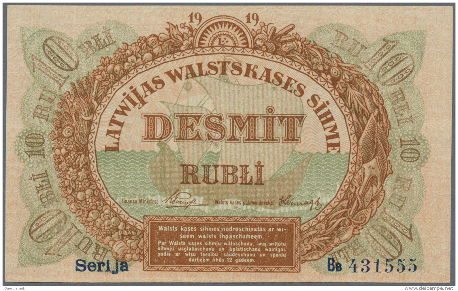 Latvia /Lettland: 10 Rubli 1919 P. 4c, Series "Bb", Sign. Purins, Light Corner Dints, No Folds, Crisp Paper, Condition: - Lettonie