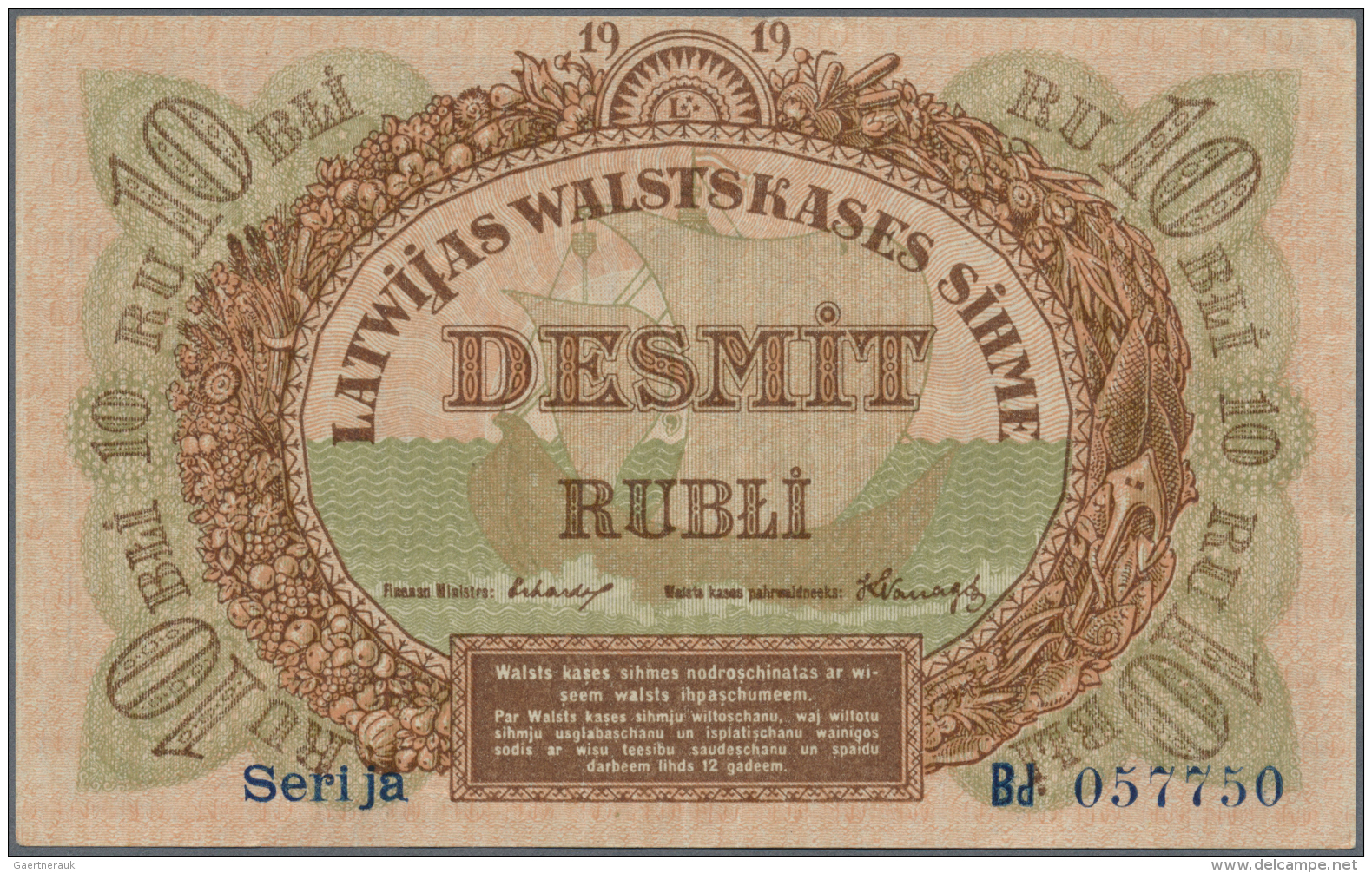 Latvia /Lettland: 10 Rubli 1919 P. 4b, Series "Bd", Sign. Erhards, Radar Number "057750", Light Vertical Folds In Paper, - Lettonia