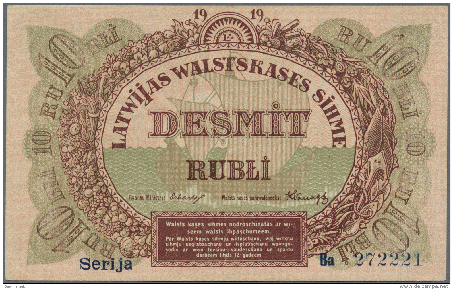 Latvia /Lettland: 10 Rubli 1919 P. 4b, Series "Ba", Sign. Erhards, 2 Light Center Folds, One Light Horizontal Bend, Dint - Lettonia