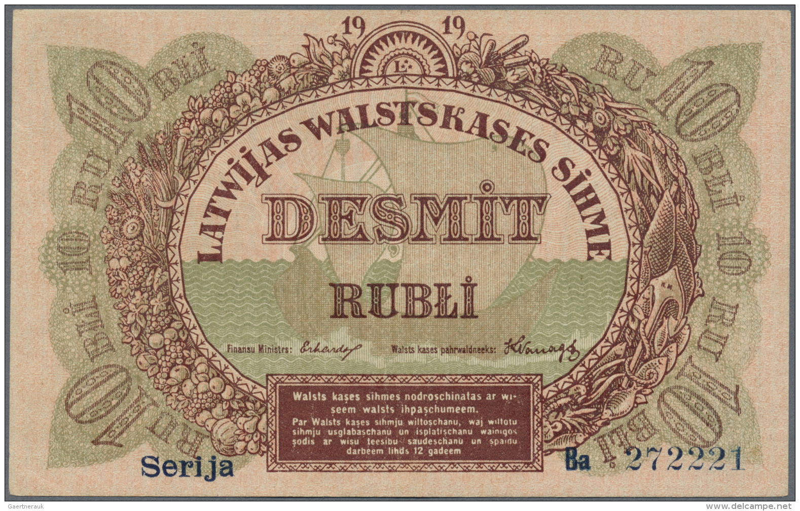 Latvia /Lettland: 10 Rubli 1919 P. 4b, Series "Ba", Sign. Erhards, 2 Light Center Folds, One Light Horizontal Bend, Dint - Latvia