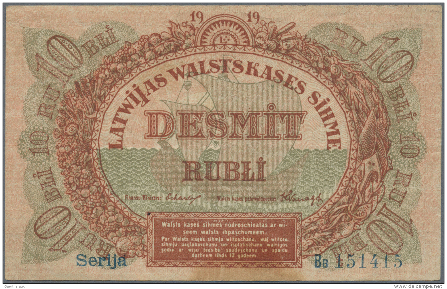 Latvia /Lettland: 10 Rubli 1919 P. 4a, Series "Bb", Sign. Erhards, Light Horizontal And Vertical Bends, Corner Folds, No - Lettonie