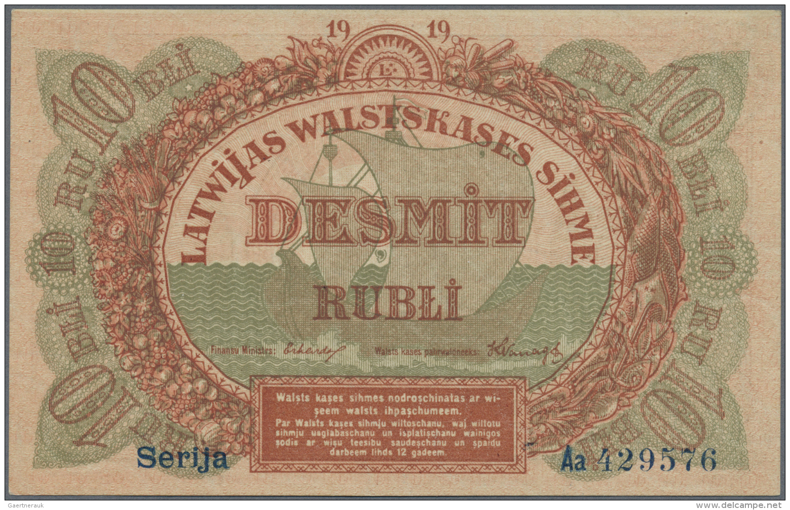 Latvia /Lettland: 10 Rubli 1919 Series "Aa", Sign. Erhards, Only One Light Dint At Upper Right, Otherwise Perfect Crisp, - Lettonia