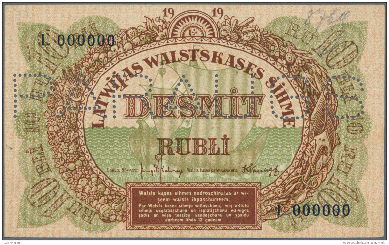 Latvia /Lettland: Rare SPECIMEN Of 10 Rubli 1919 Series "L" P. 4fs, Only Light Corner Fold At Upper Left, Otherwise No H - Lettonie