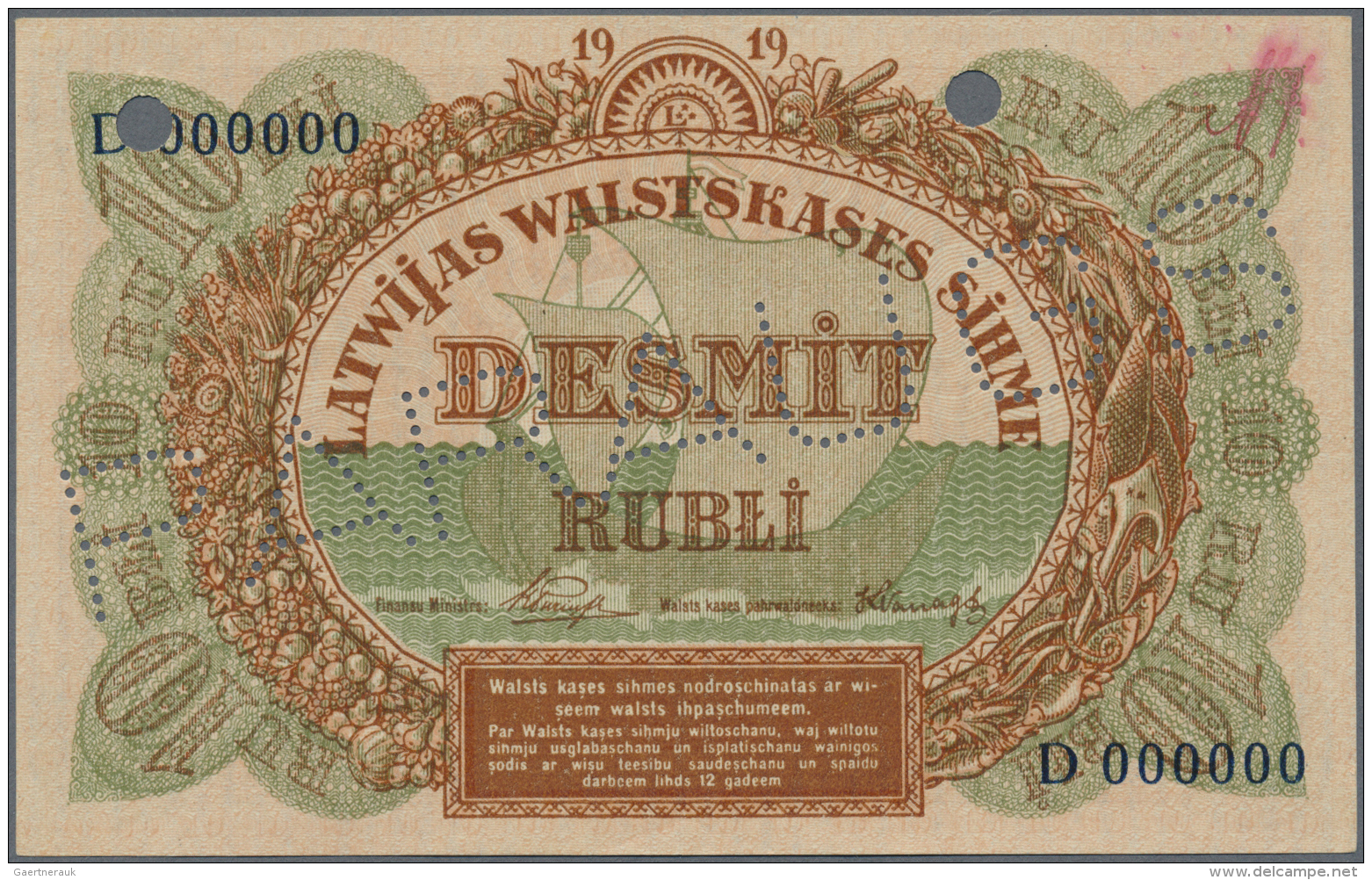 Latvia /Lettland: Rare SPECIMEN Of 10 Rubli 1919 Series "D" P. 4ds, Zero Serial Numbers,  2 Cancellation Holes, No Other - Lettonie