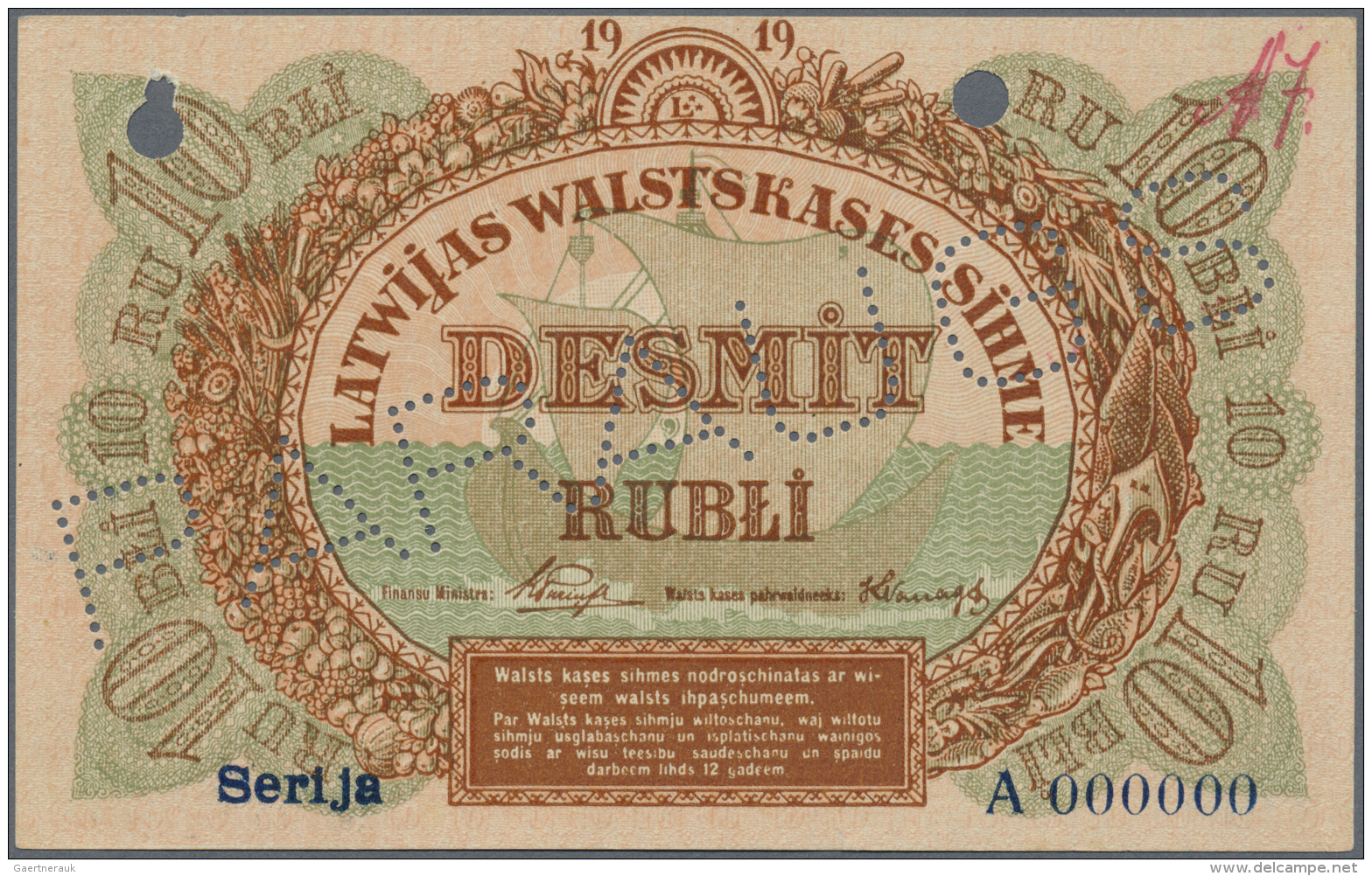 Latvia /Lettland: Rare SPECIMEN Of 10 Rubli 1919 Series "A" P. 4ds, Never Folded Vertically Or Horizontally, Minor Corne - Latvia