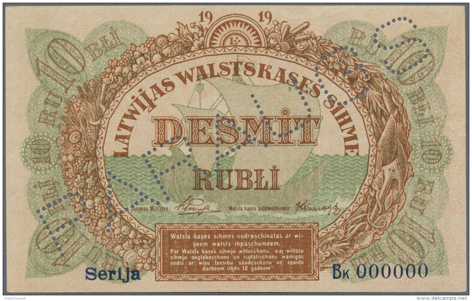 Latvia /Lettland: Rare SPECIMEN Of 10 Rubli 1919 Series "Bk", P. 4cs, With Zero Serial Numbers, Perforation "Paragus" In - Lettonia