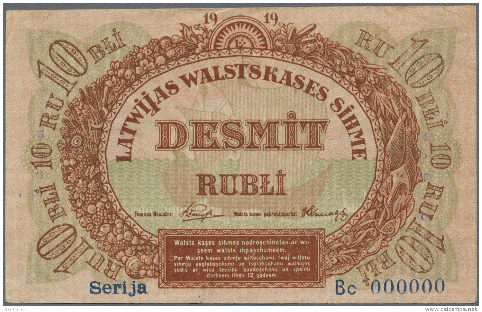 Latvia /Lettland: Rare SPECIMEN Of 10 Rubli 1919 Series "Bc" P. 4b-c,s, Signature Purins, Zero Serial Numbers, Light Han - Lettonia