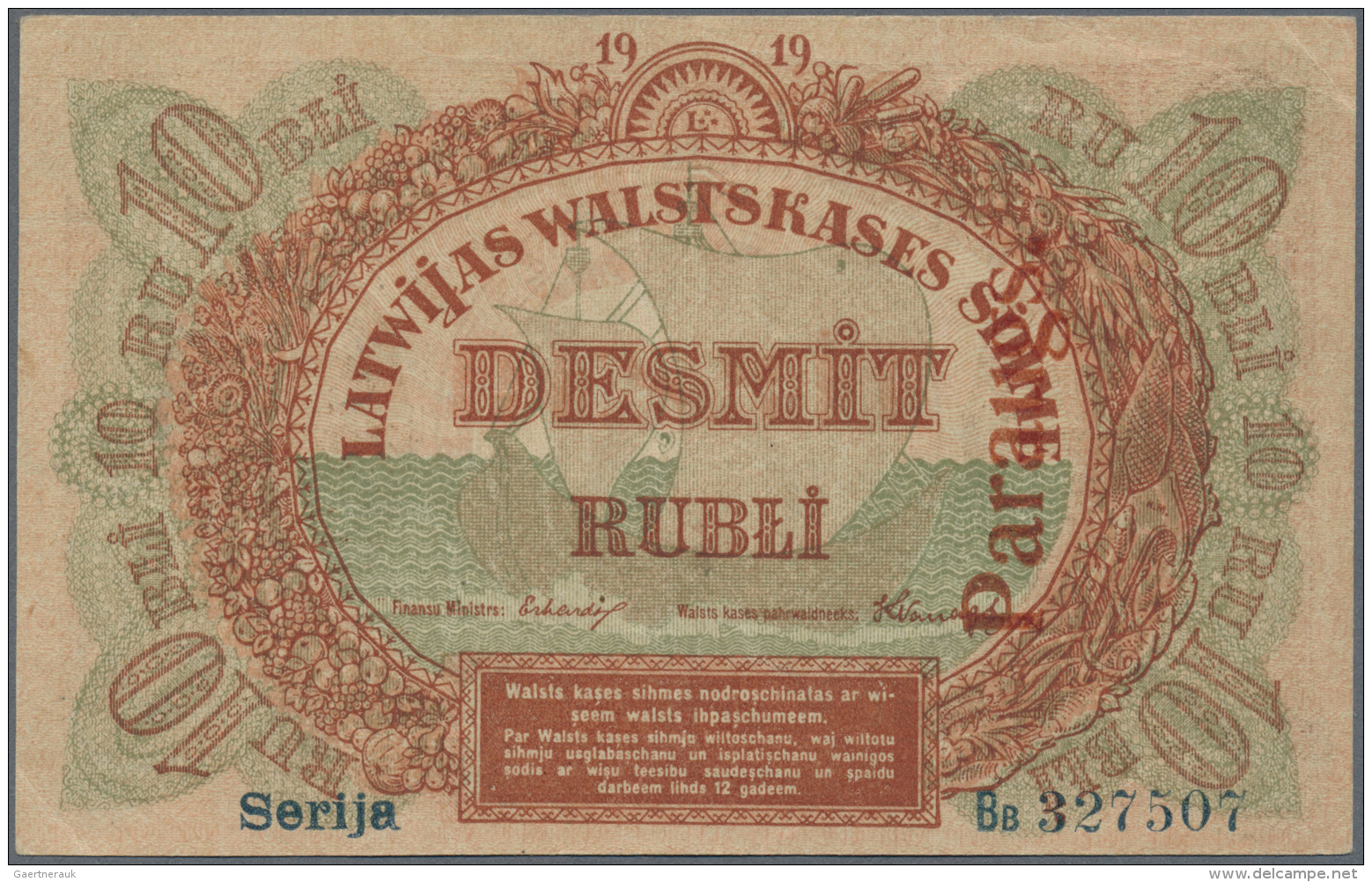 Latvia /Lettland: Rare Specimen Note 10 Rubli 1919 P. 4as, With Regular Serial Number, Series "Bb", Red Vertical "Paraug - Lettonia