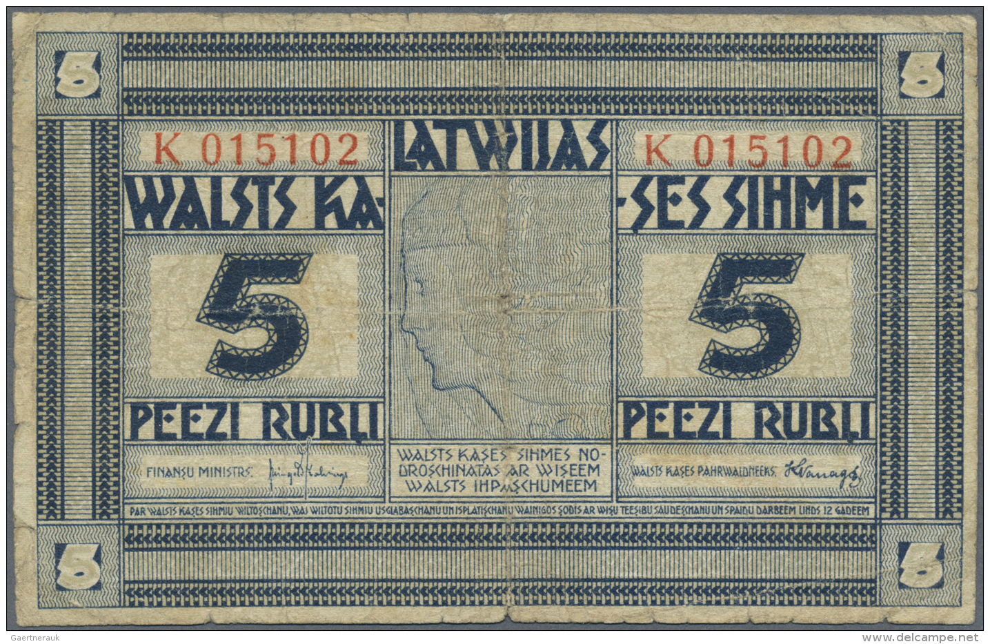 Latvia /Lettland: 5 Rubli 1919 Seldom Seen Series "K", P. 3f, Signature Kalnings, Only 25449 Notes Of That Type Were Iss - Lettonia