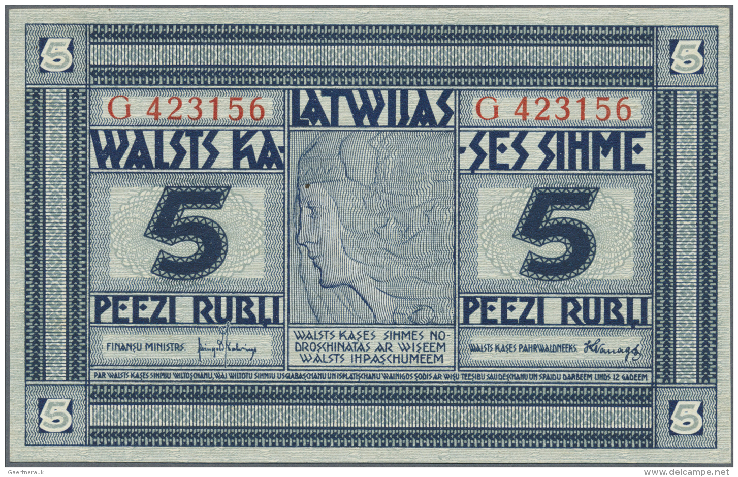 Latvia /Lettland: 5 Rubli 1919 Series "G", P. 3f, Signature Kalnings, In Condition: UNC. - Lettonie