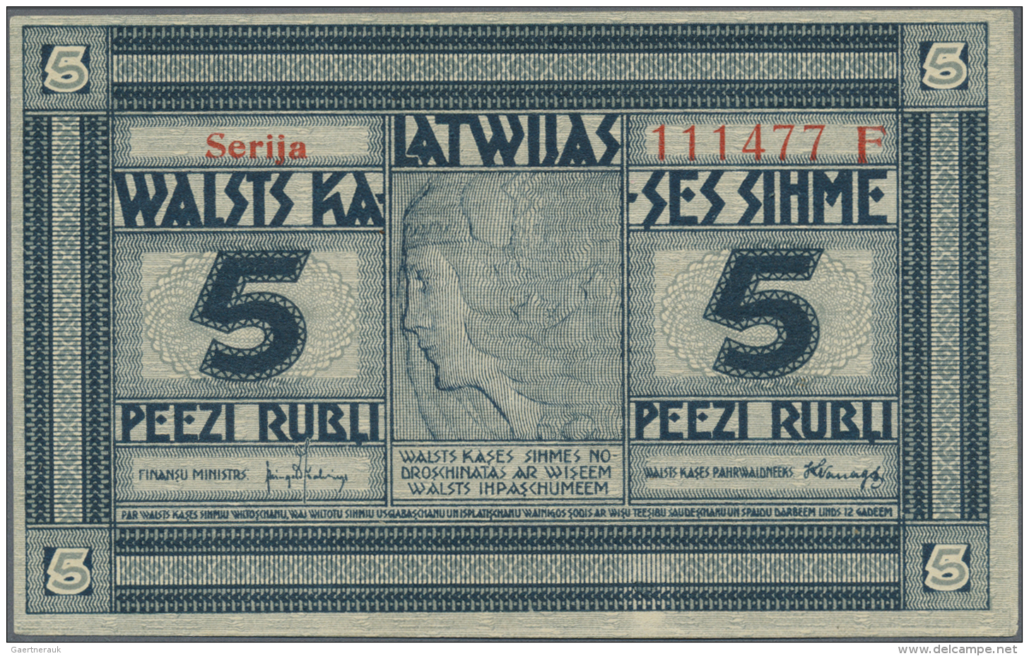 Latvia /Lettland: 5 Rubli 1919 Series "F", P. 3f, Signature Kalnings, One Light Dint At Right, No Folds, Condition: AUNC - Lettonia