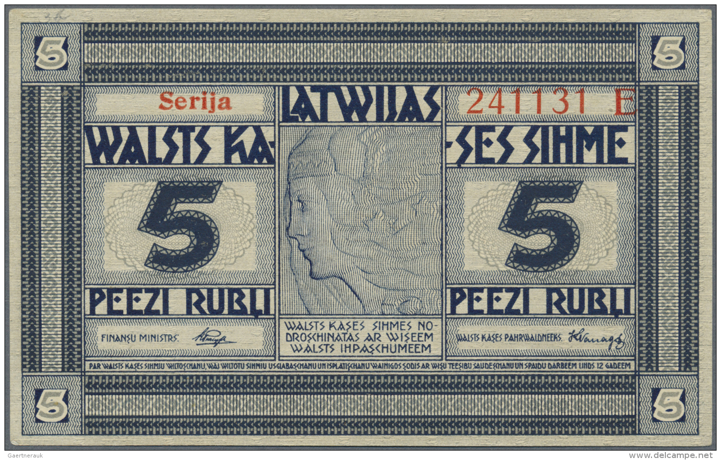 Latvia /Lettland: 5 Rubli 1919 Series "E", P. 3e, Signature Purins, In Condition: UNC. - Lettonia