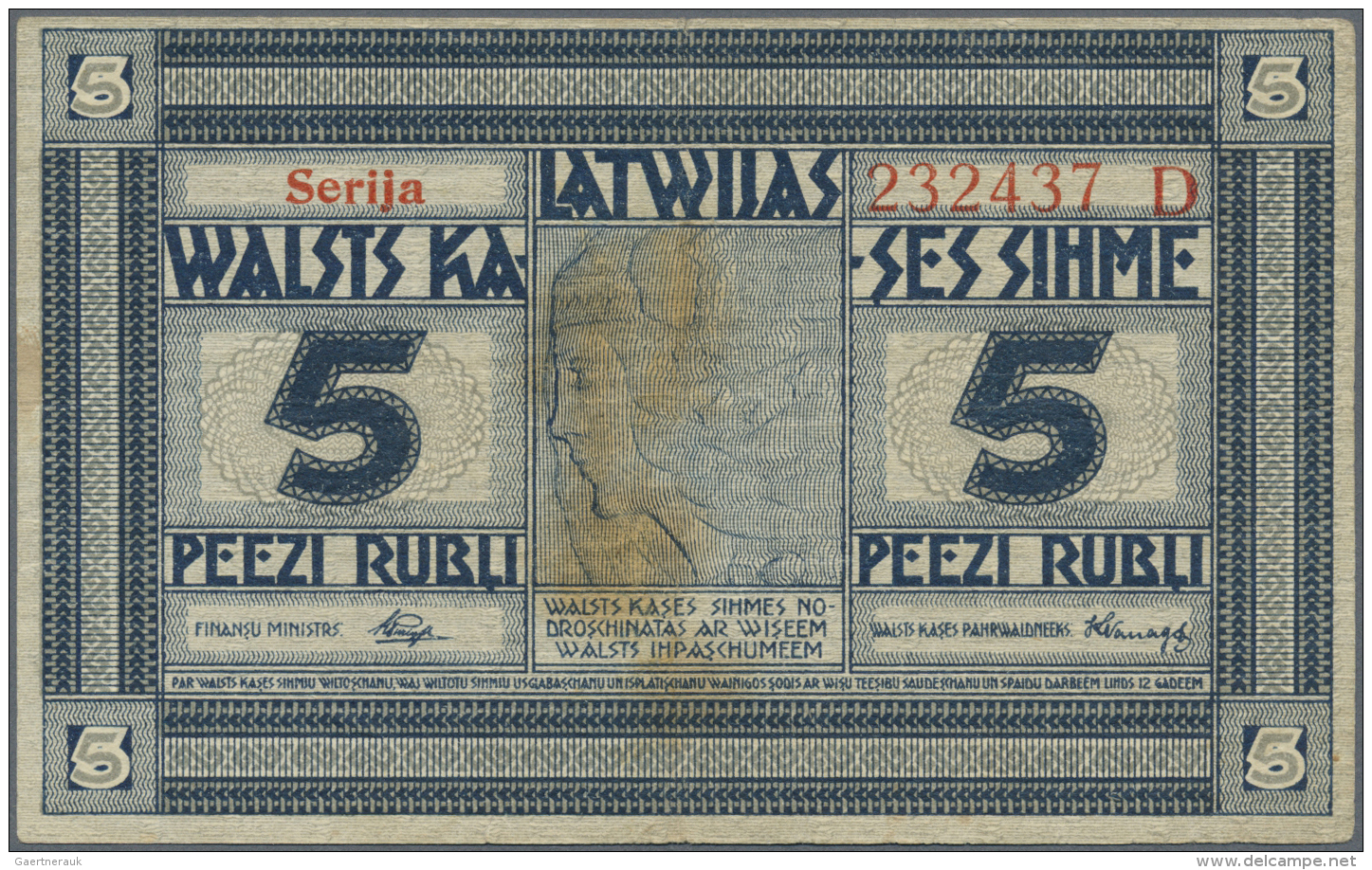 Latvia /Lettland: 5 Rubli 1919 Series "D", P. 3d, Signature Purins, Watermark "thin Horizontal Lines", Used With Folds A - Lettonia