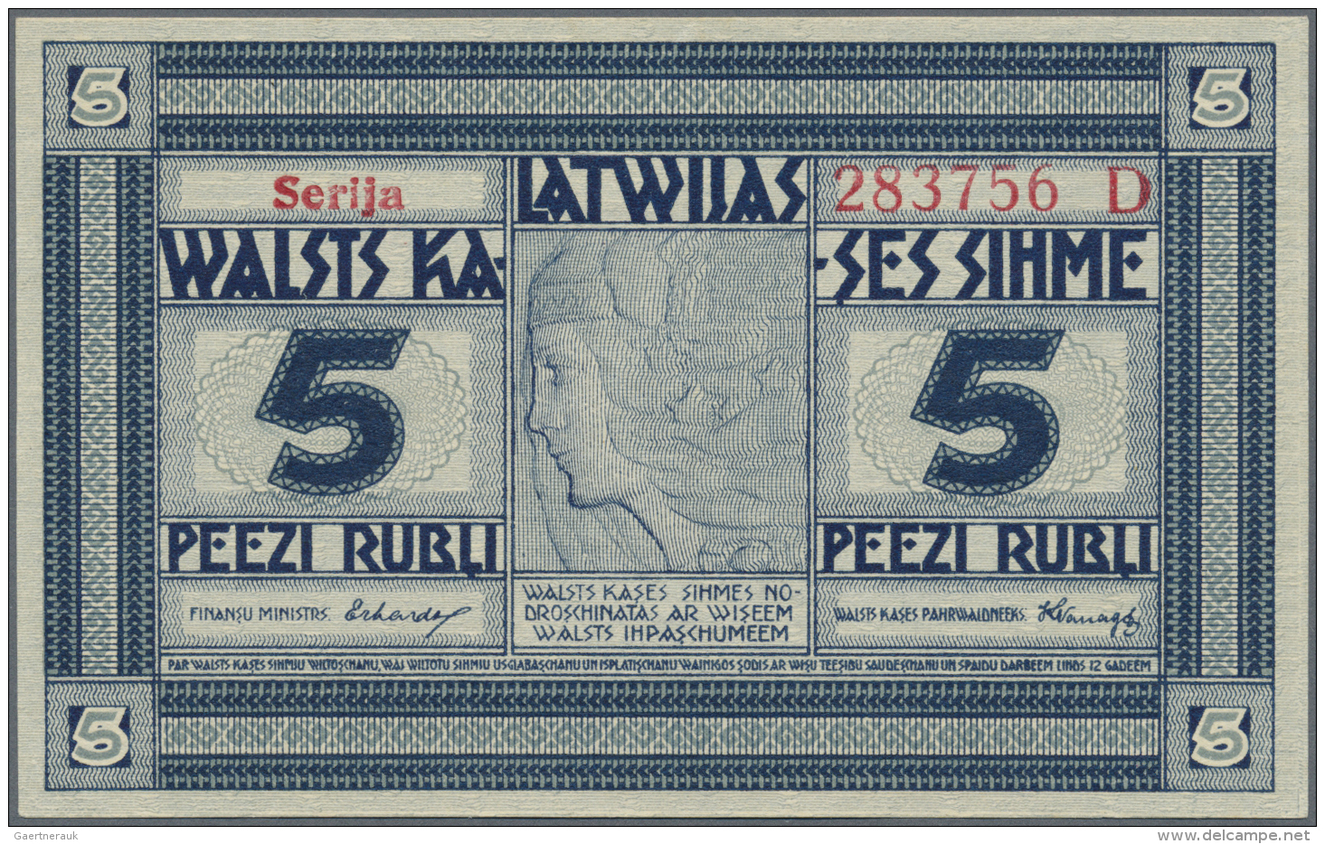 Latvia /Lettland: 5 Rubli 1919 Series "D", P. 3c, Signature Erhards, Light Dint At Lower Right Corner, Unfolded, Conditi - Latvia