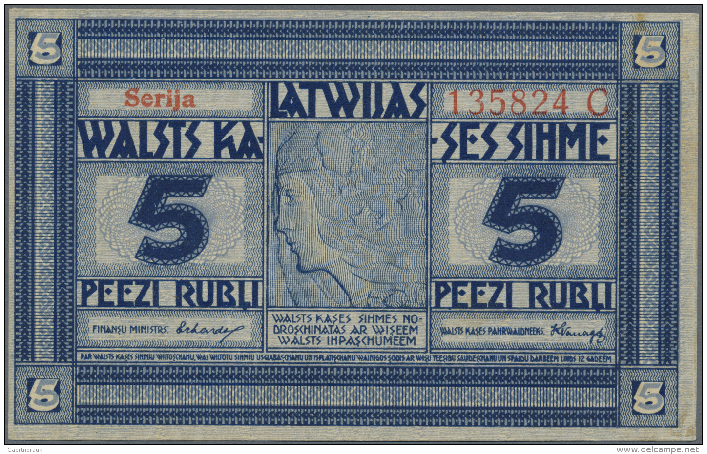 Latvia /Lettland: 5 Rubli 1919 P. 3b, Series "C", Signature Erhards, Light Dints At Lower Right Corner, No Folds, No Hol - Lettonia