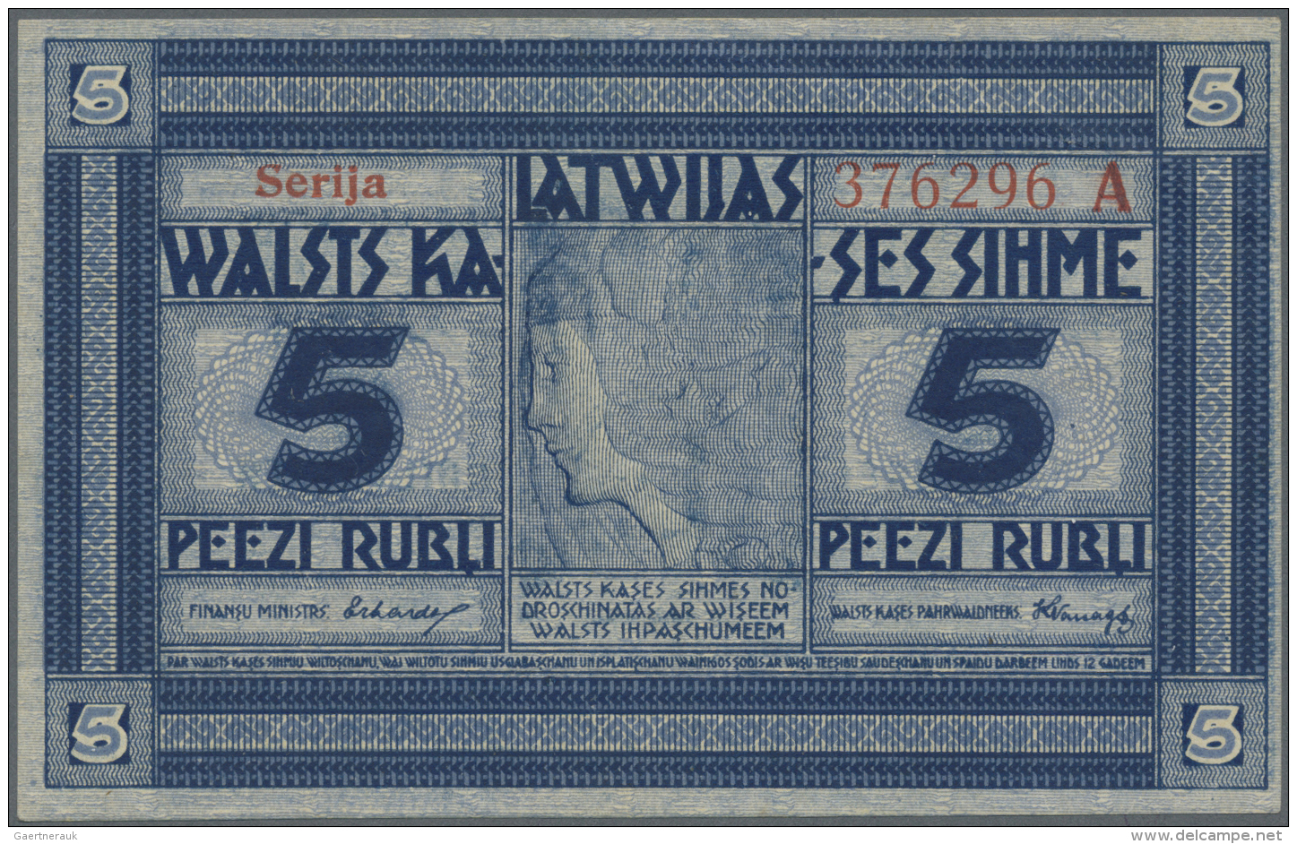 Latvia /Lettland: 5 Rubli 1919 P. 3b, Series "A", Signature Erhards, Issued From 1919 Till 1925, 750.000 Of These Notes - Lettonia