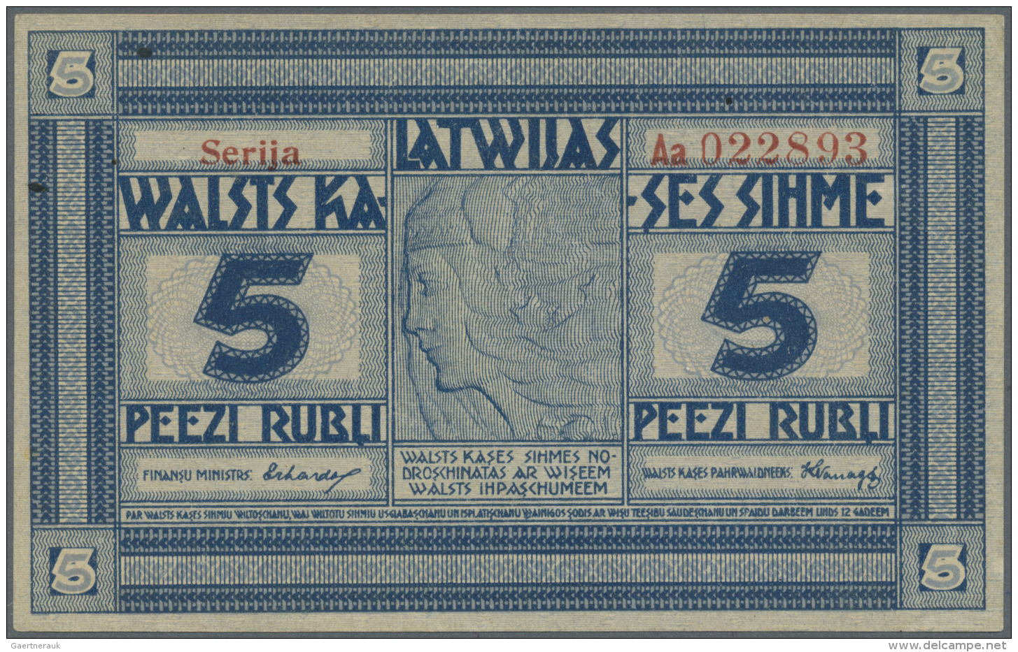 Latvia /Lettland: 5 Rubli 1919 P. 3a, Series "Aa", Signature Erhards, Issued From 1919 Till 1925, 250.000 Of These Notes - Lettonia