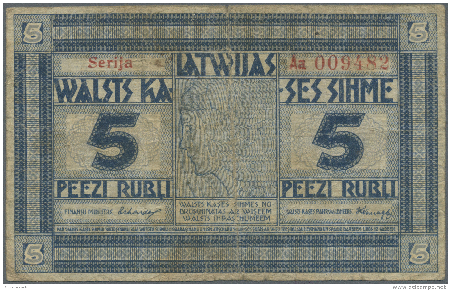 Latvia /Lettland: 5 Rubli 1919 P. 3a, Series "Aa", Signature Erhards, Issued From 1919 Till 1925, 250.000 Of These Notes - Lettonia
