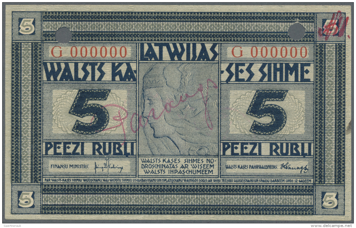 Latvia /Lettland: Rare SPECIMEN Note 5 Rubli 1919 Series "G", Zero Serial Number, Handwritten "PARAGUS" Overprint In Cen - Lettonia