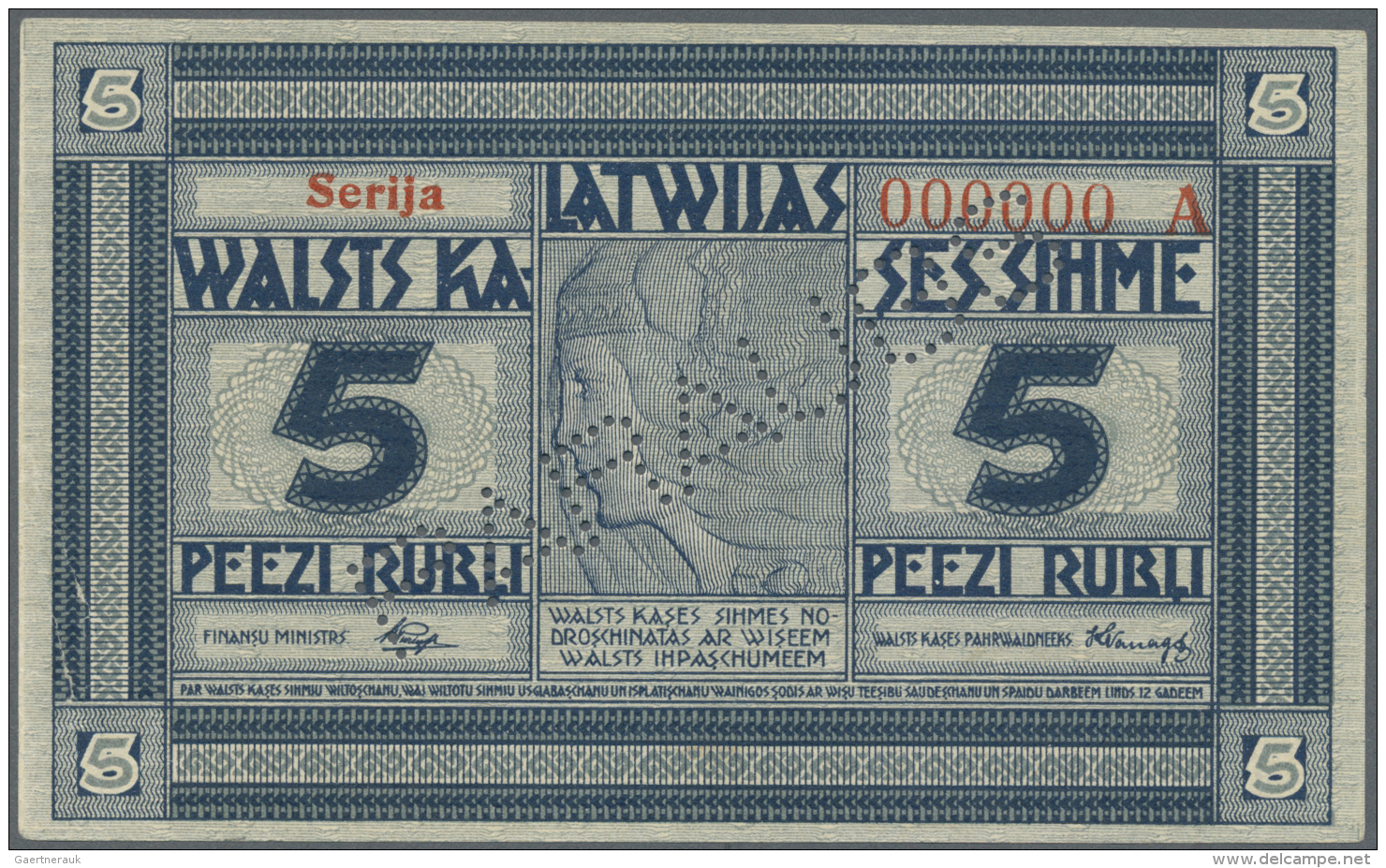 Latvia /Lettland: Rare SPECIMEN Note 5 Rubli 1919 Series "A", Zero Serial Number, "PARAGUS" Perforation At Center, Signa - Lettonia