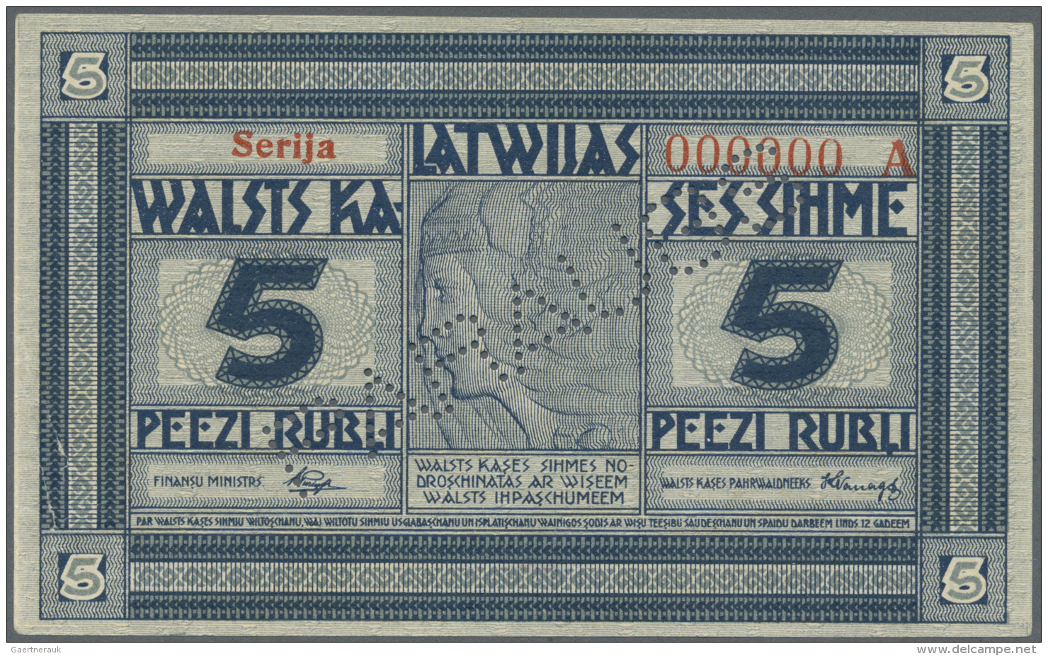 Latvia /Lettland: Rare SPECIMEN Note 5 Rubli 1919 Series "A", Zero Serial Number, "PARAGUS" Perforation At Center, Signa - Lettonie