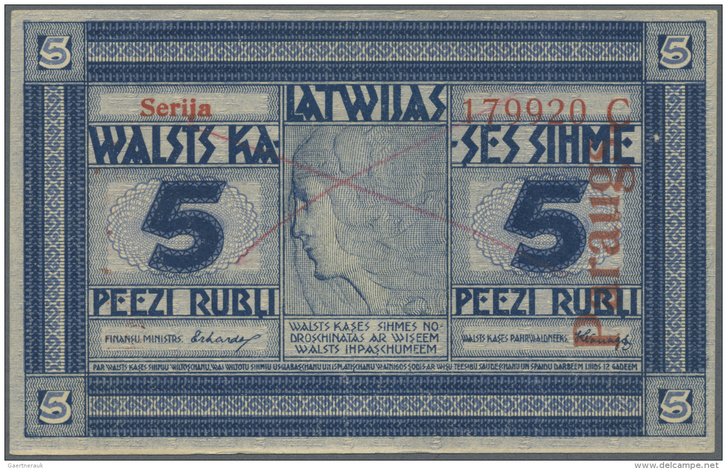 Latvia /Lettland: Rare SPECIMEN Note 5 Rubli 1919 Series "C", Regular Serial Number, "PARAGUS" Overprint In Red At Right - Lettonia