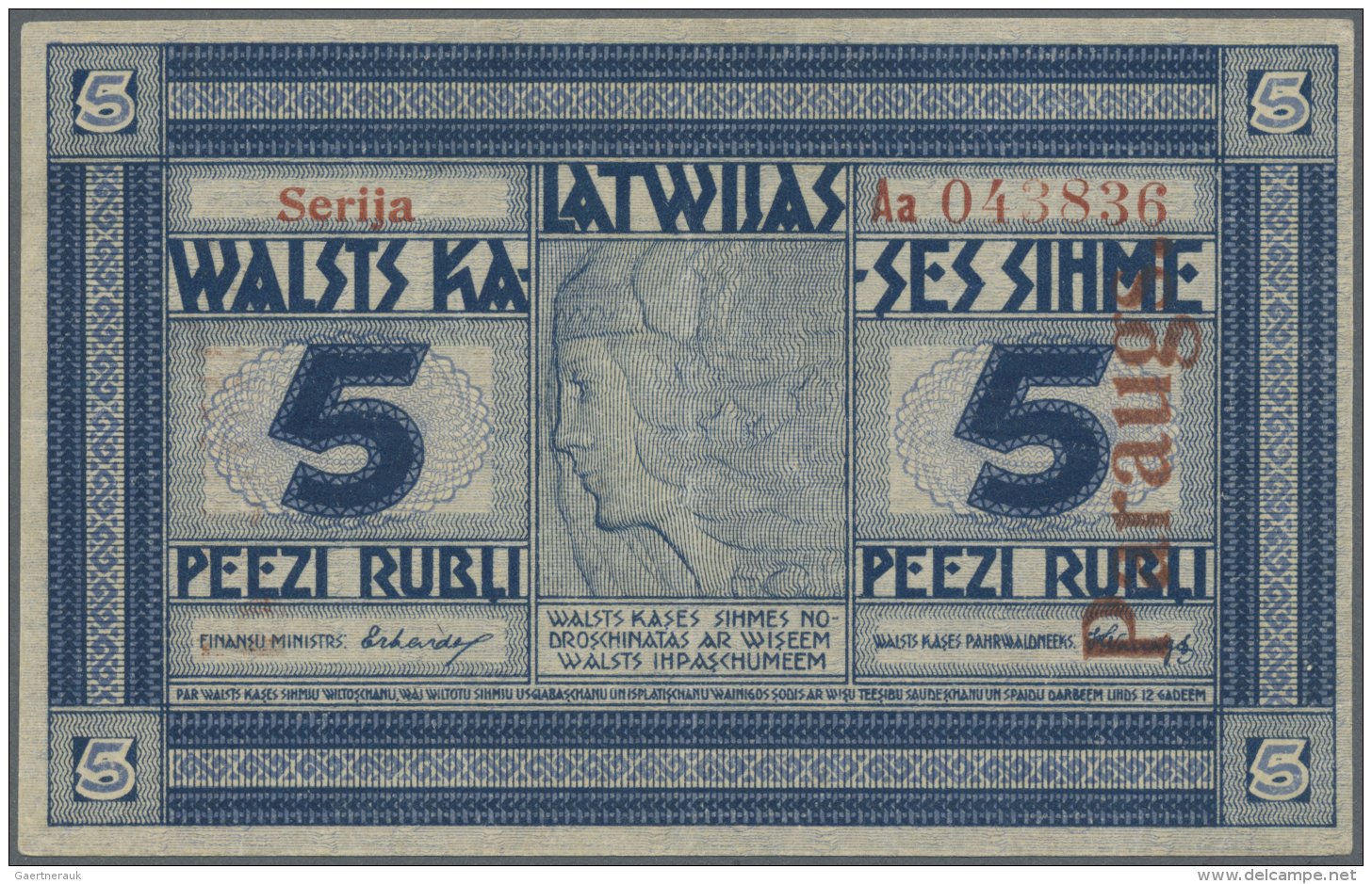 Latvia /Lettland: Rare SPECIMEN Note 5 Rubli 1919 Series "Aa", Regular Serial Number, "PARAGUS" Overprint In Red At Righ - Lettonia