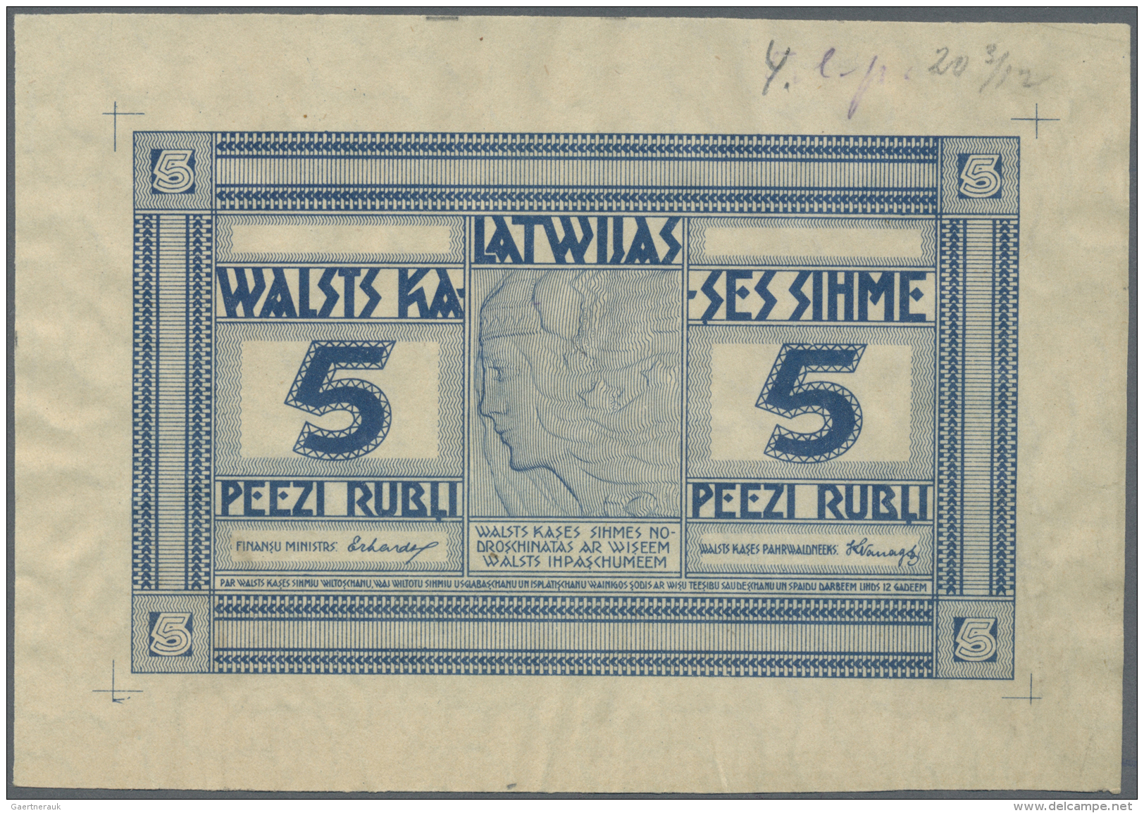 Latvia /Lettland: Unique PROOF Print Of 5 Rubli 1919 P. 3a-b(p), Without Date, Signature Erhards, Front Proof, Uniface P - Lettonia