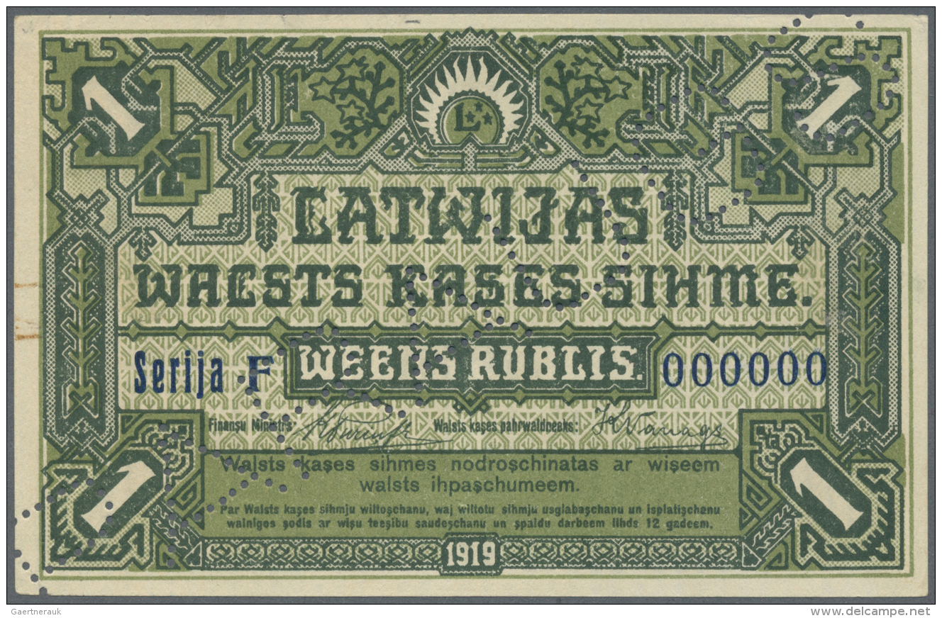 Latvia /Lettland: Rare Specimen Of 1 Rubli 1919 P. 2bs, Series "F" With Zero Serial Numbers, "PARAUGS" Perforation In Pa - Lettonia