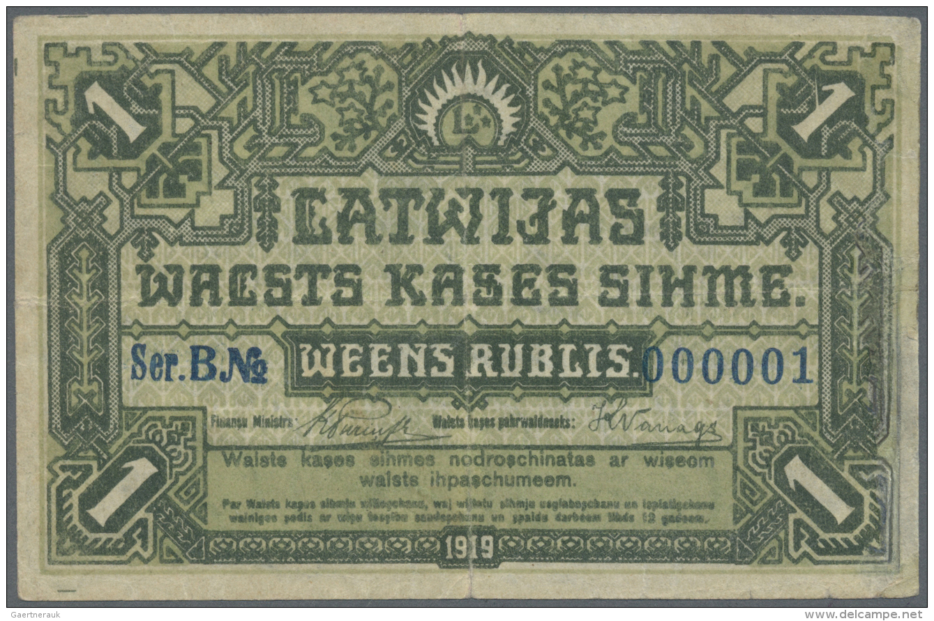 Latvia /Lettland: UNIQUE Banknote Of 1 Rublis 1919 P. 2a, Issued With Series "B" And Serial Number #000001, This Was The - Lettonie