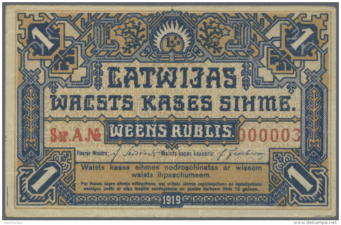 Latvia /Lettland: Very Rare Note 1 Rublis 1919 P.1 With Serial Number #A 000003, 3rd Note Ever Issued, Watermark "wavy L - Lettonia