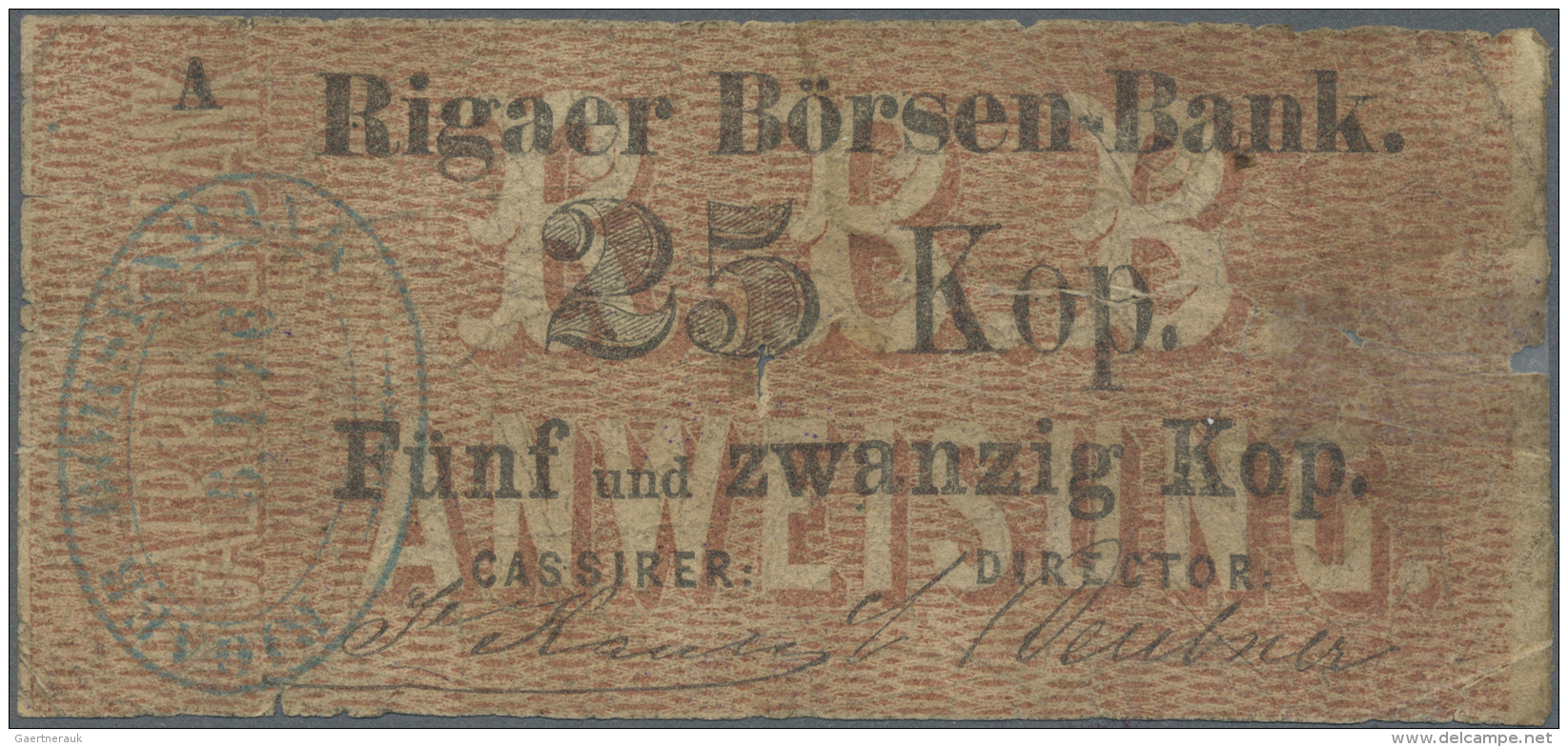 Latvia /Lettland: Rare Note 25 Kopeks 1863 Series "A", P. A1, Rigaer Bursen-Bank, Used With Several Folds And Creases, C - Lettonia