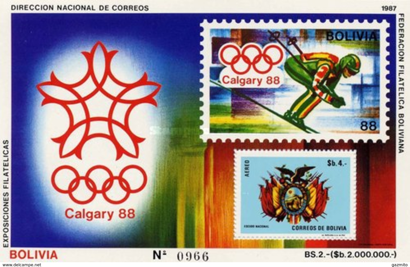 Bolivia 1987, Winter Olympic Games In Calgary,  Stamp On Stamp, BF - Winter 1988: Calgary