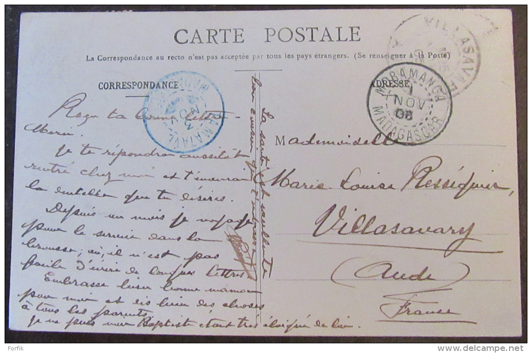 Carte Postale Colonies Françaises Madagascar + Timbre N°67 + Cachet 1905 Animée - Madagascar