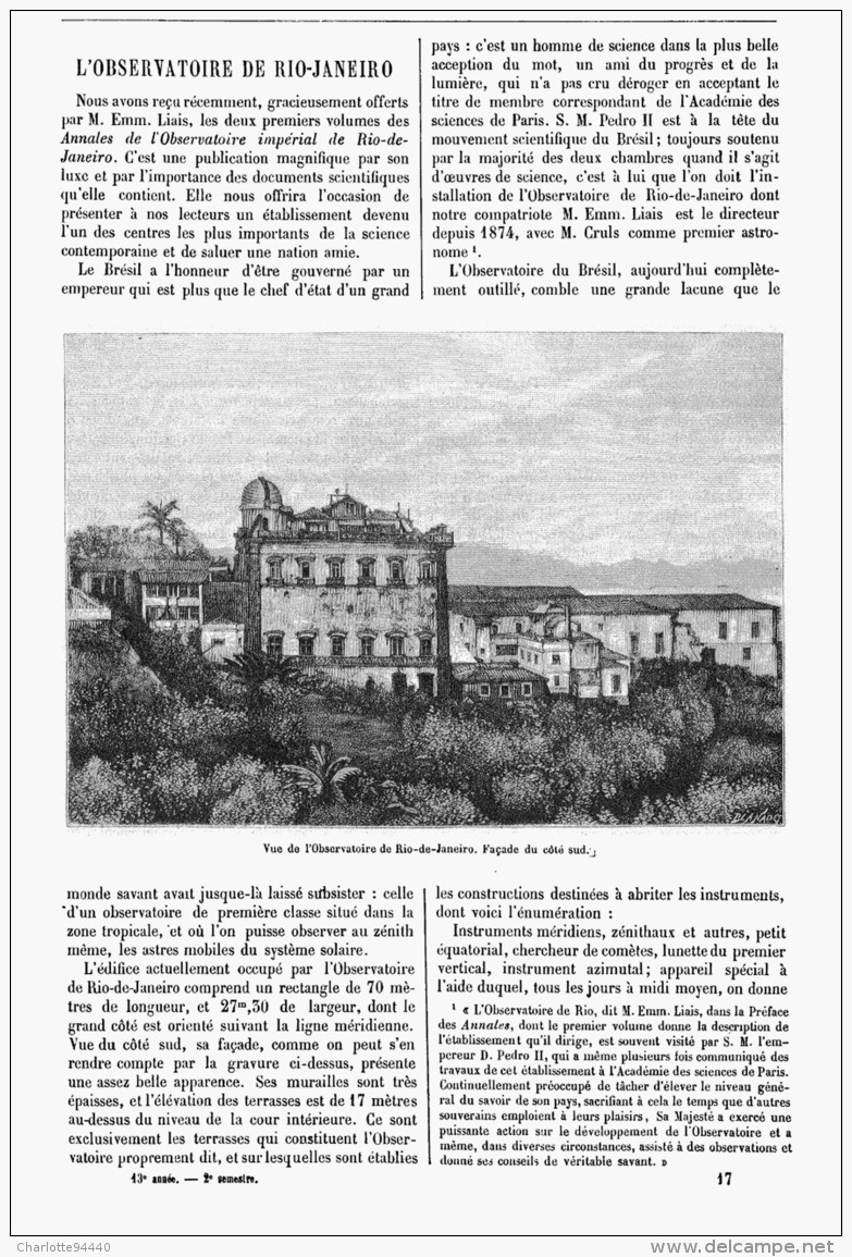 L'OBSERVATOIRE DE RIO-JANEIRO  1885 - Astronomie