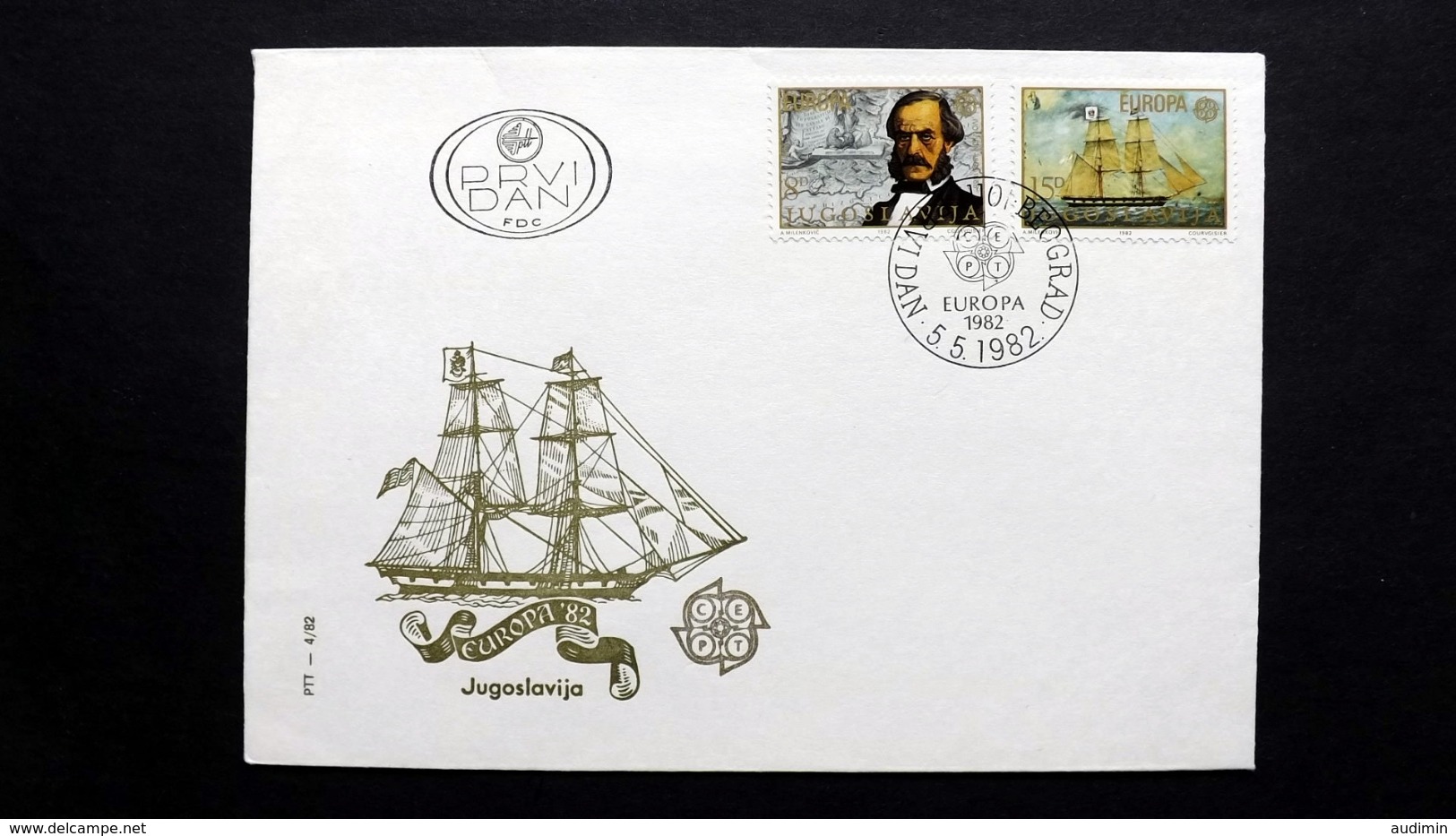 Jugoslawien 1919/20 FDC, ESST Beograd, EUROPA/CEPT 1982, Kapitän Ivo Visin (1806-1868); Seekarte, Segelschiff Splendido - FDC