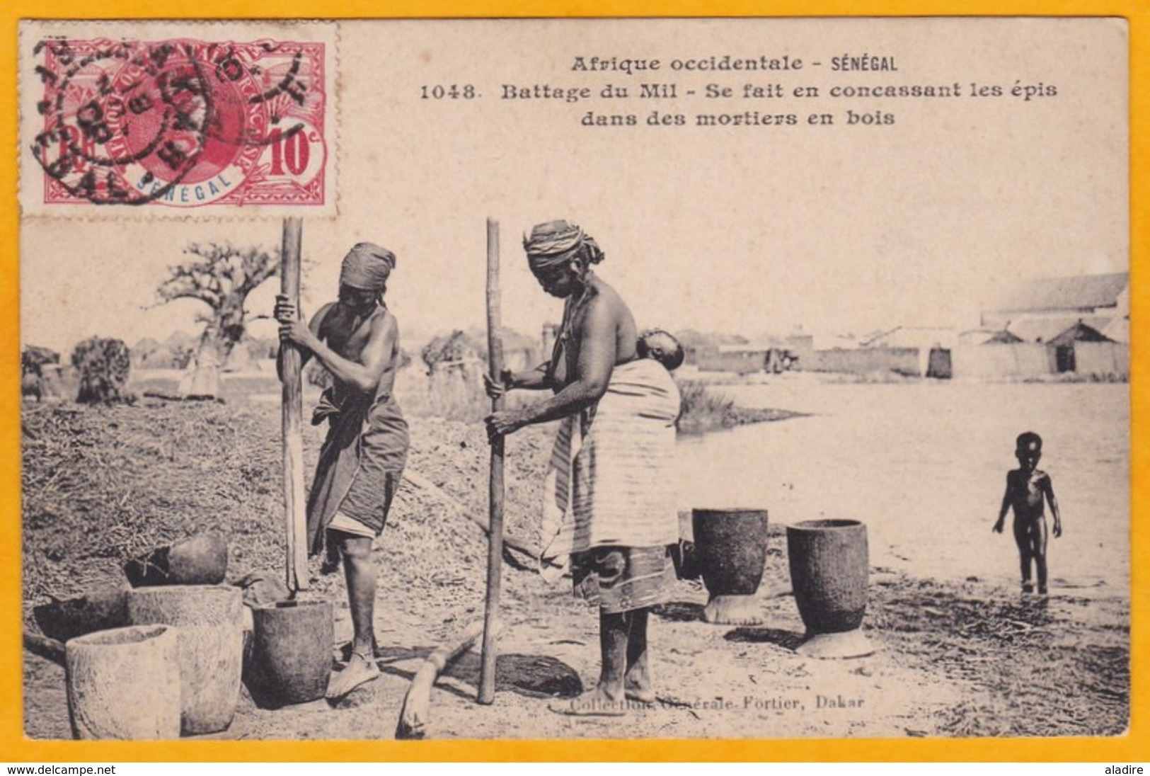 1906  - CP De Dakar, Sénégal Vers Brest, France - YT 34 Général Faidherbe - Vue Femmes Pilant Le Mil - Lettres & Documents