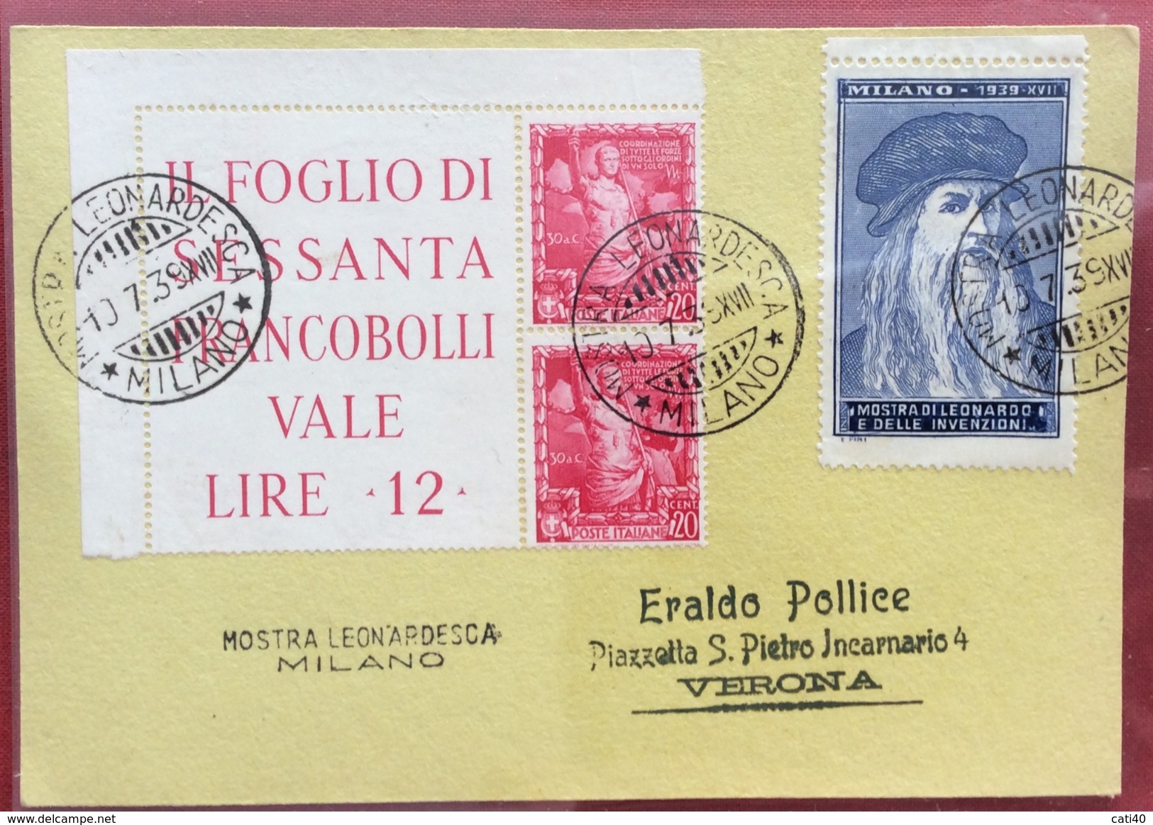 LEONARDO DA VINCI MOSTRA LEONARDESCA MILANO  10/7/1939 ANNULLI SPECIALI GULLER E LINEARE + ERINNOFILO - Storia Postale