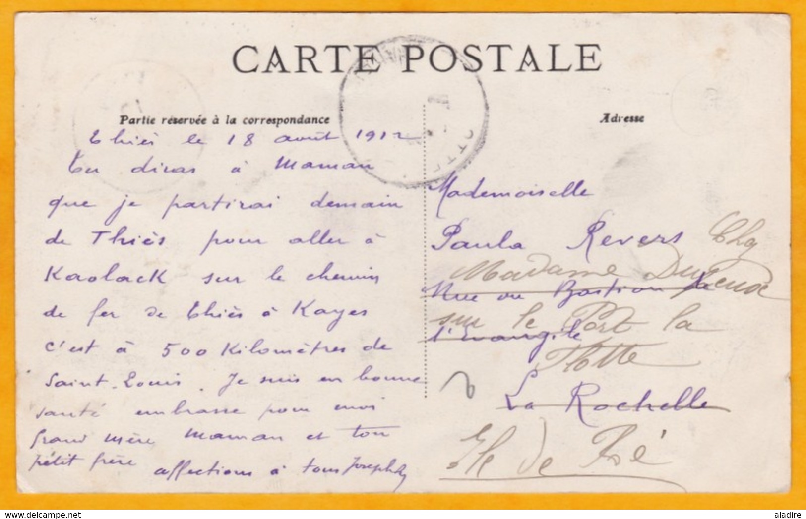 1912 CP De Thies, Sénégal Vers La Rochelle Puis île De Ré - Affr T à 10 Centimes Faidherbe -  L'hôtel Coudine à Thies - Briefe U. Dokumente