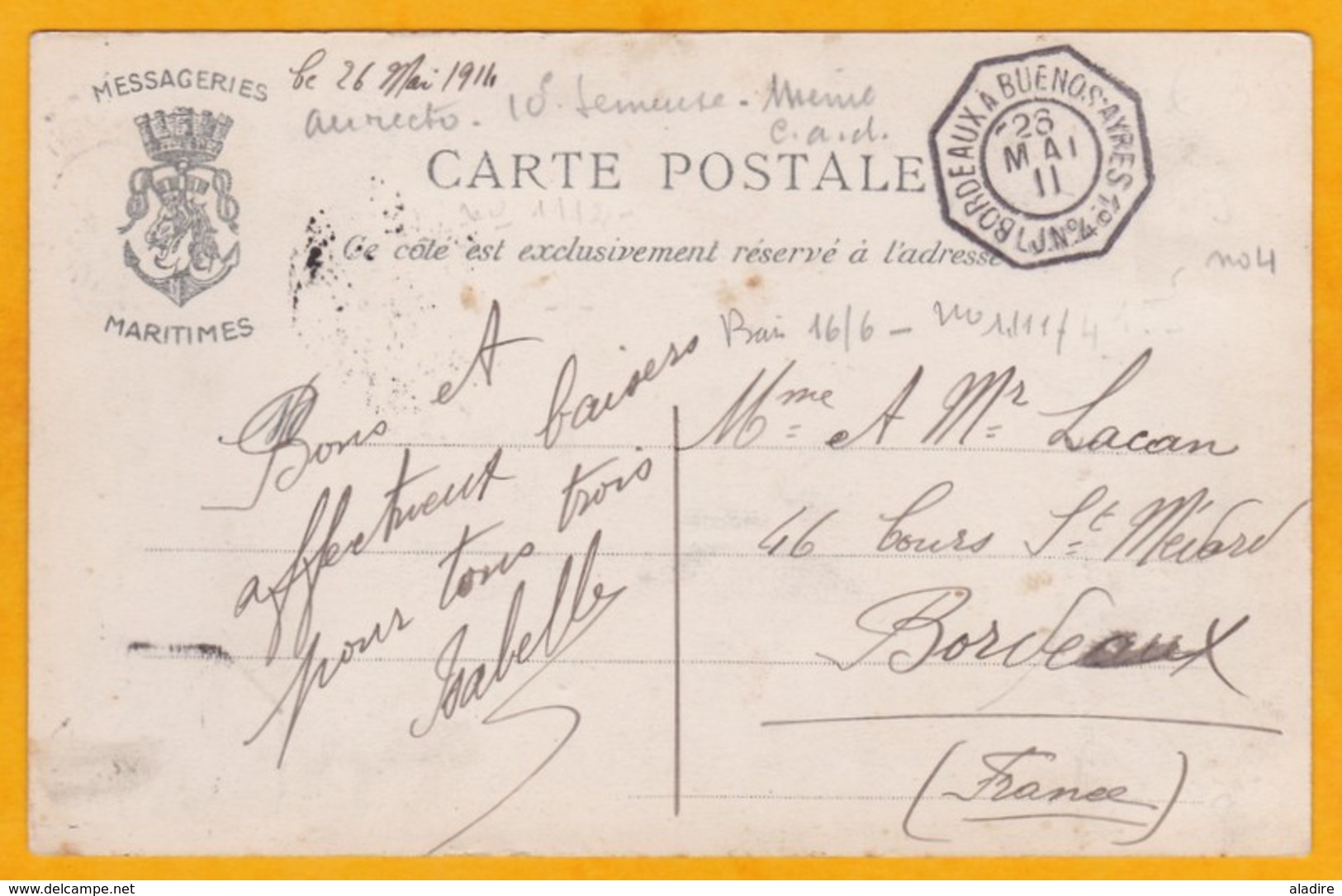 1911 - CP De Dakar Vers Bordeaux  Par Ligne J N° 4 Bordeaux à Buenos Aires - Messageries Maritimes - Semeuse Camée 10 C - Lettres & Documents