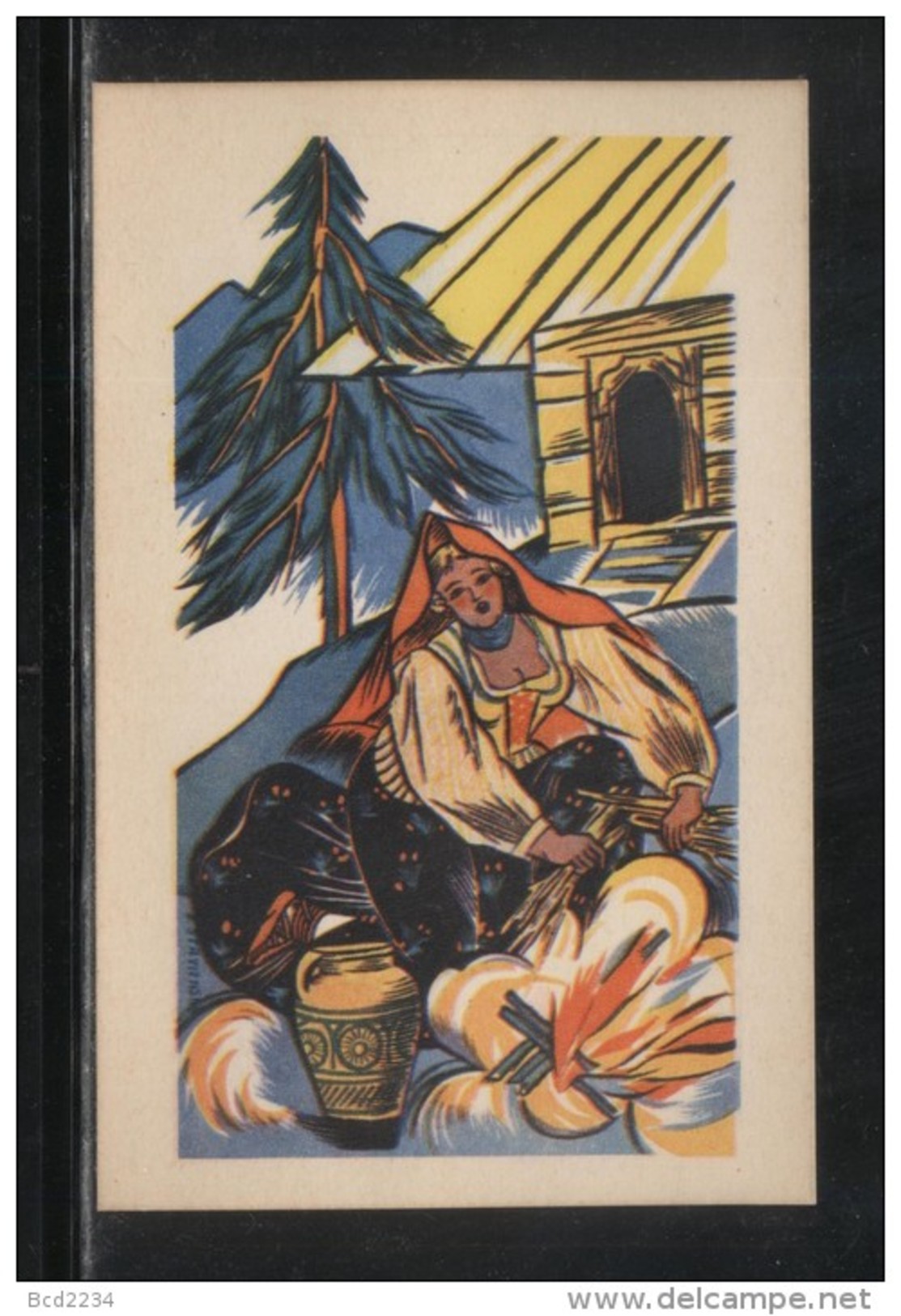 POLAND HARNASIE (Z STRYJENSKA) DESIGN 1 - MOUNTAIN WOMAN MAKING A FIRE PRISTINE MINT PC Ceramics Pottery Folk Costumes - Cartoline Porcellana