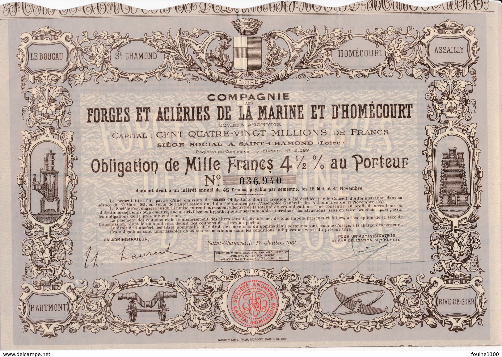 Action  De La Compagnie Des Forges Et Aciéries De La Marine D' HOMECOURT ( Saint Chamond ) Obligation Au Porteur - Industrie