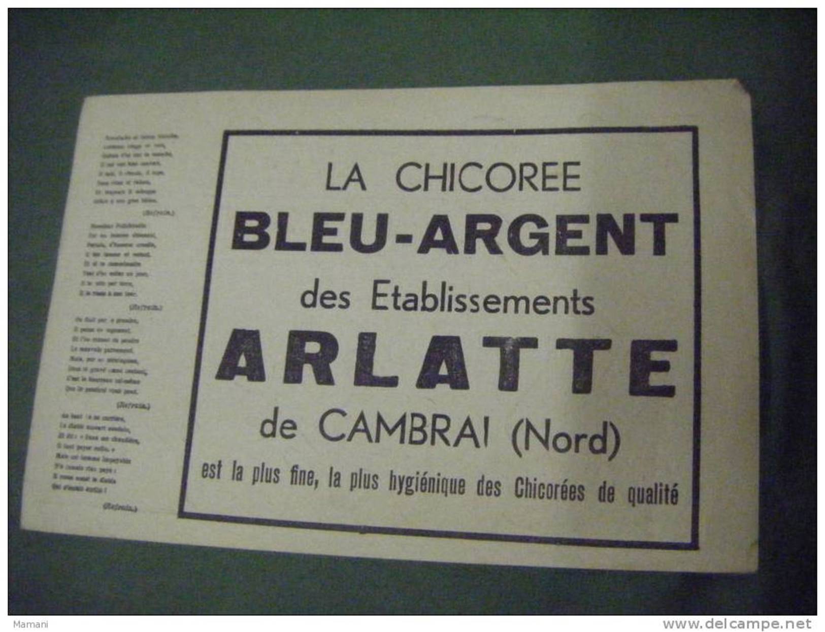 Pub La Chicoree Bleu-argent Des Etablissements Arlatte De Cambrai -chansons Polichinelle  Illustrateur  Blanchart- - Alcools