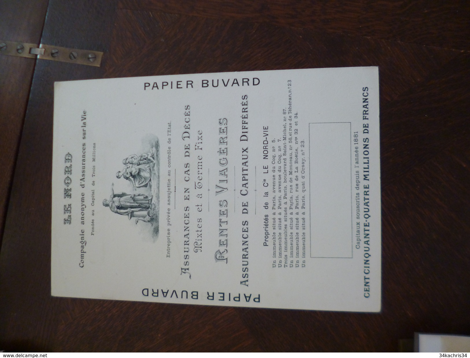 Buvard Pub Illustré Le Nord Compagnie Anonyme D'assurances Sur La Vie Recto Verso 17.7 X25.8 - Sonstige & Ohne Zuordnung