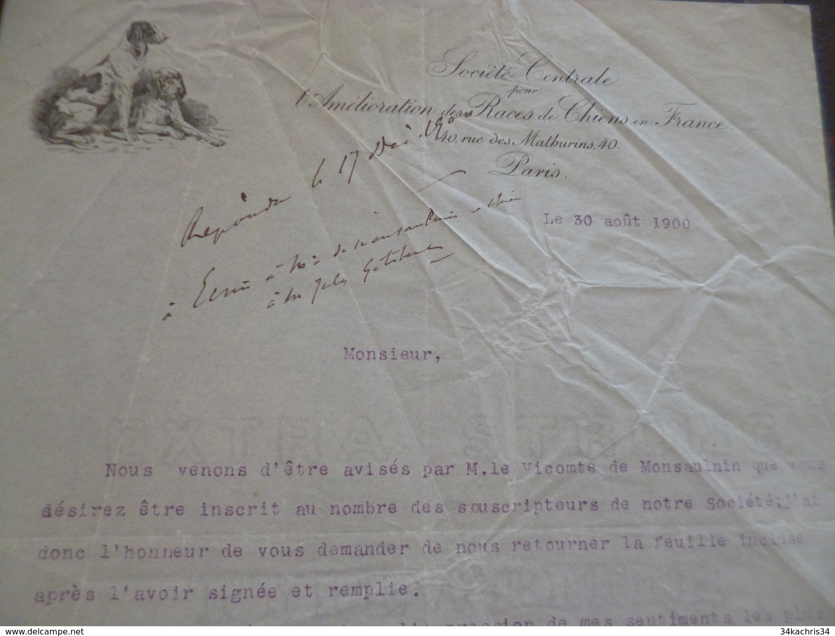 Facture Illustrée élevage Canin Paris 1930 Société Centrale Pour L'amélioration Des Races Chiens De France - Autres & Non Classés