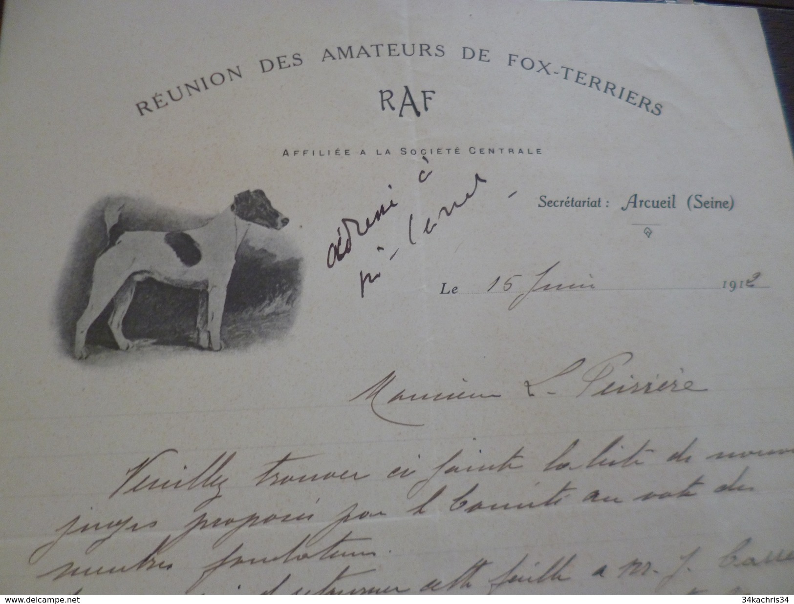 Facture Illustrée élevage Canin Arcuei L1912 RAF Réunion Ds Amateurs De Fox Terriers - Otros & Sin Clasificación