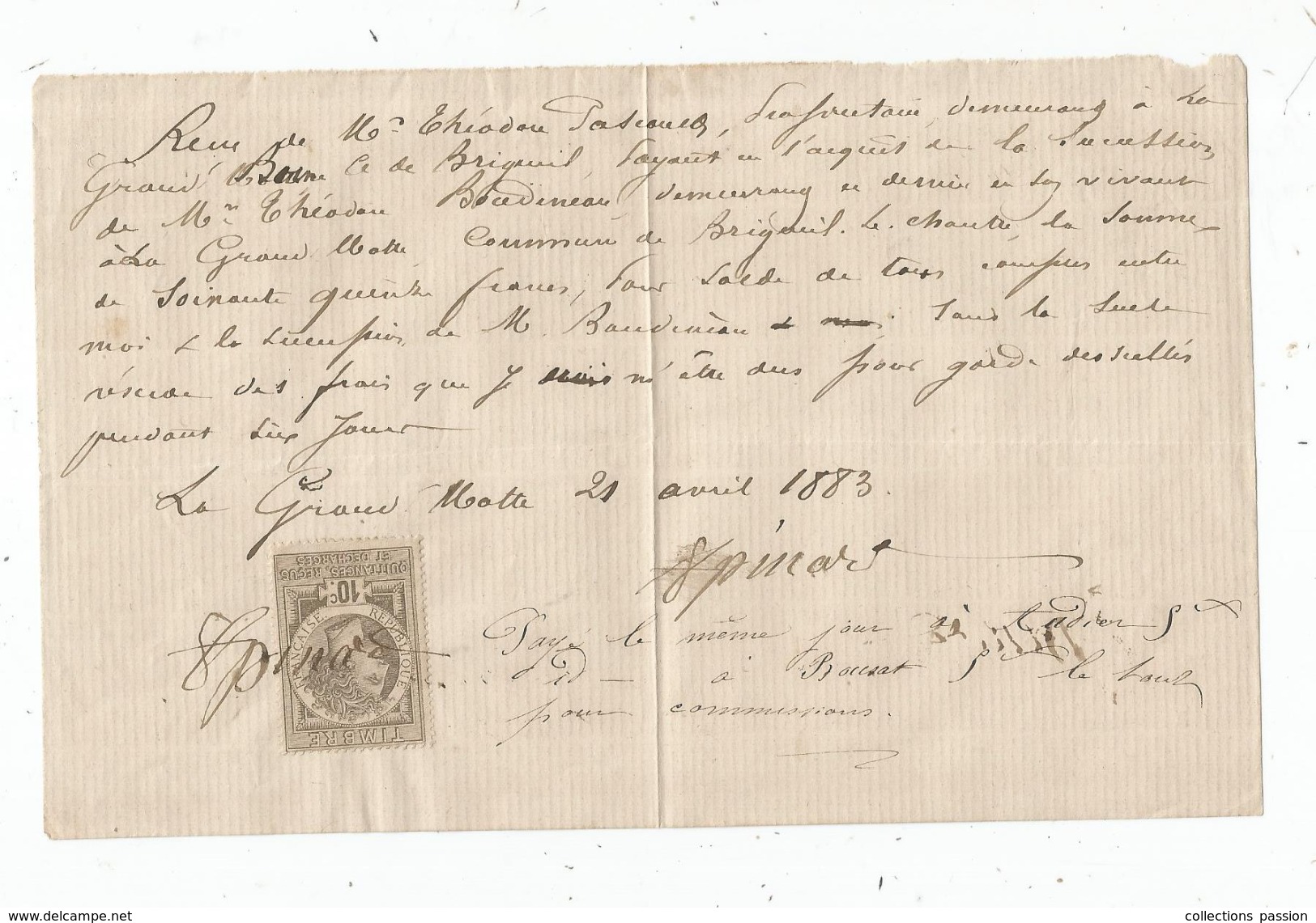 Reçu , LA GRANDE MOTTE , BRIGUEIL , VIENNE , 1883, Timbré , Frais Fr : 1.55 Euros - 1800 – 1899