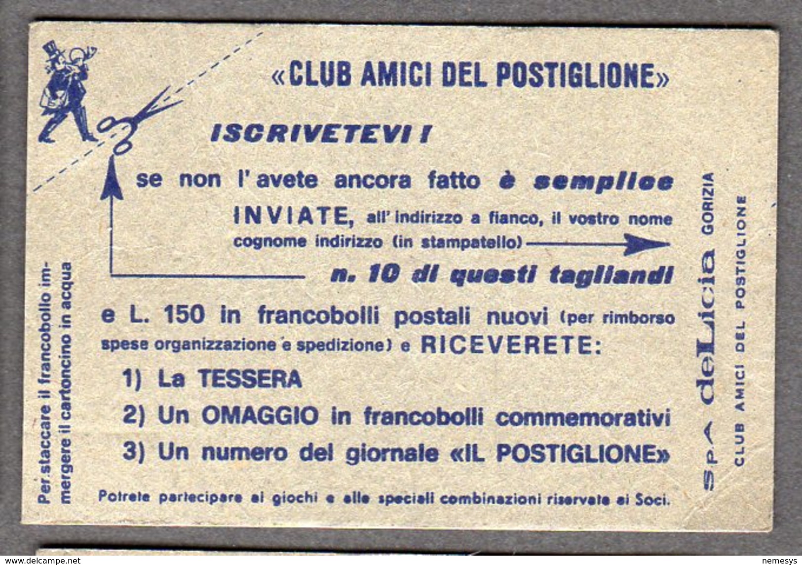 CIOCCOLATO DELICIA SPA - GORIZIA - RACCOLTA PUNTI AMICI DEL POSTIGLIONE ANNI 70 SEE 2 SCANS TESSERA 5X7,5 CM - Altri & Non Classificati