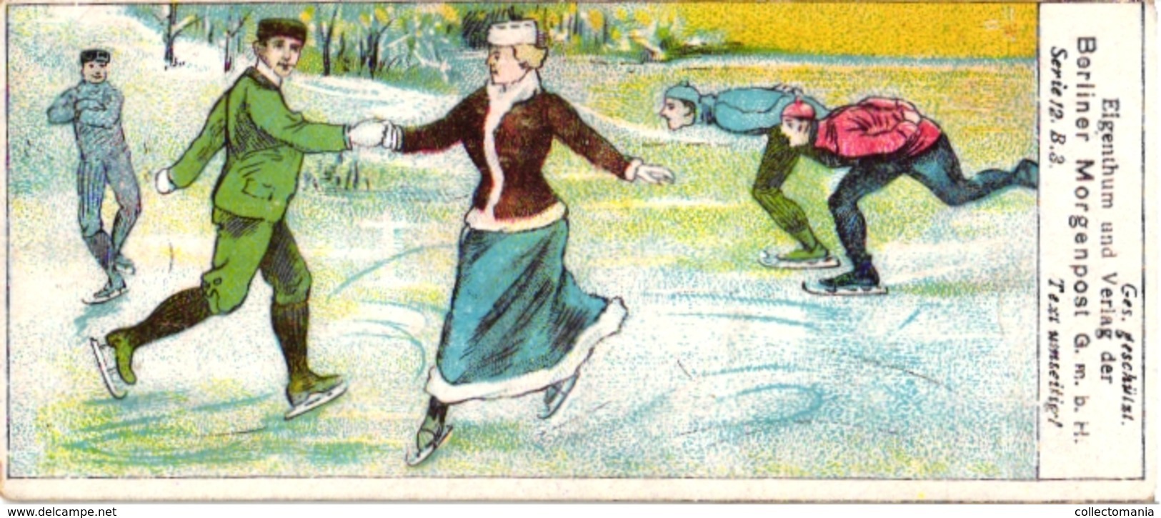 7 litho  chromos c1900 Ice Skating Patinage  Glace Eislaufen schaatsen PUB Printemps GUERIN boutron Berliner Morgenpost